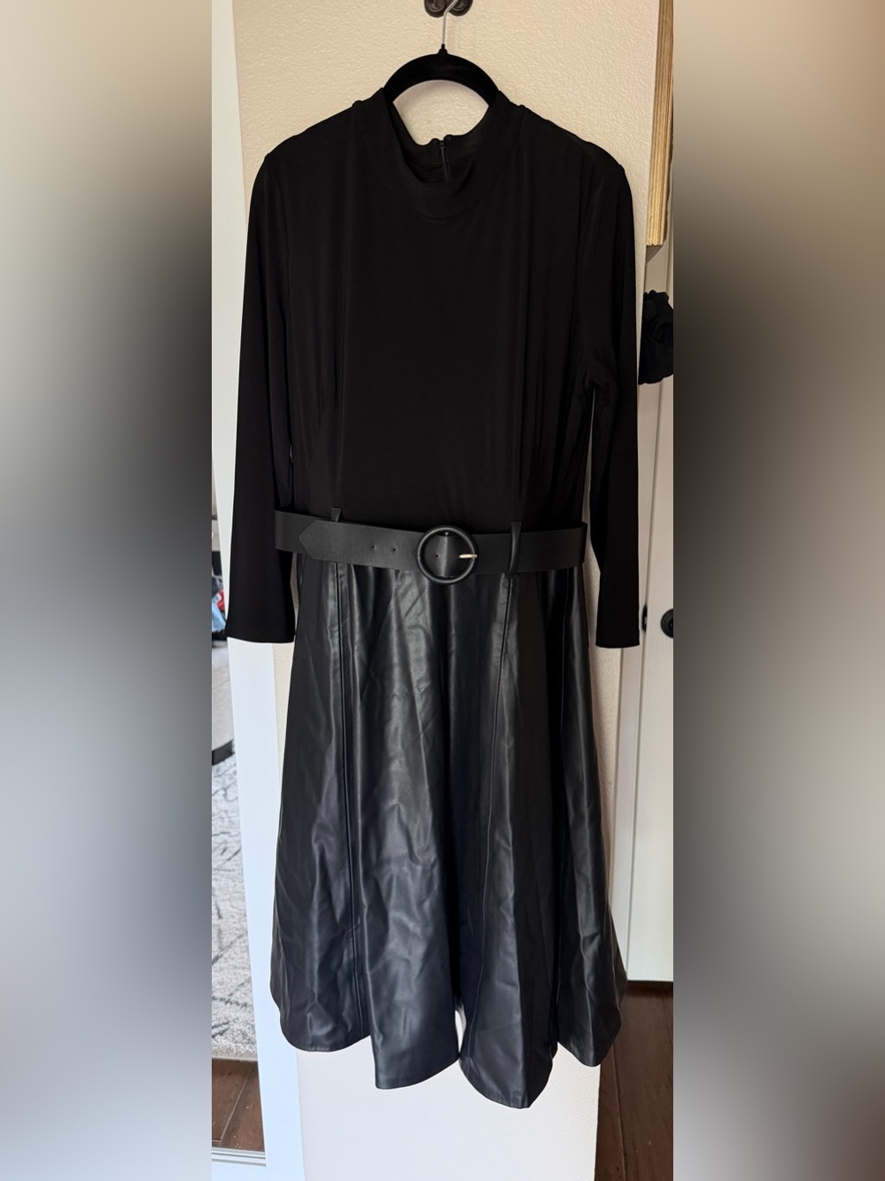 Calvin Klein Black Long Sleeve Faux-Leather Skirt Belted Dress